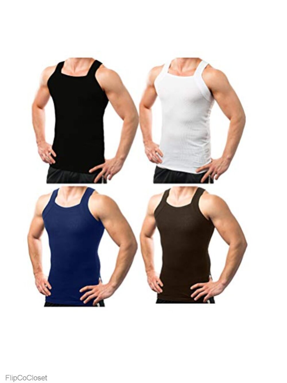 Men's Ribbed Tank Tops Square Cut Cotton Spandex Slim Fit 4 Pack